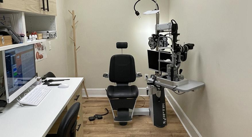 Modern eye examination room at Peak Vision Care in Newtonville Massachusetts