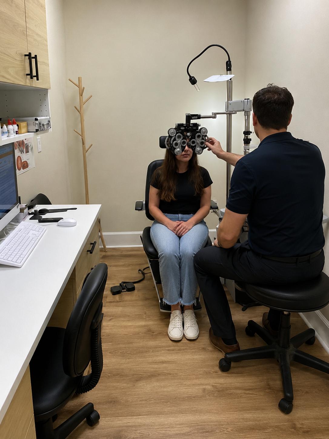 Optometrist performing a comprehensive eye examination using advanced diagnostic equipment